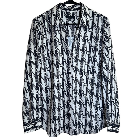DREW Everly Chain Blouse Semi Sheer Button-up Dressy Shirt Top Made in USA Sz L - Picture 1 of 8